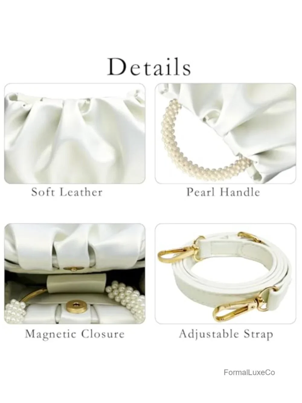 Evening Pearl Clutch Purse Soft Faux Leather Ruched Shoulder Bag for Wedding